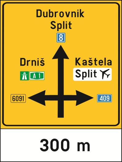 Poloţaj oznake broja ceste iznad strelice za ravno moţe biti lijevo ili ispod naziva mjesta ovisno o broju cesta i broju naziva mjesta koje je potrebno naznaĉiti.