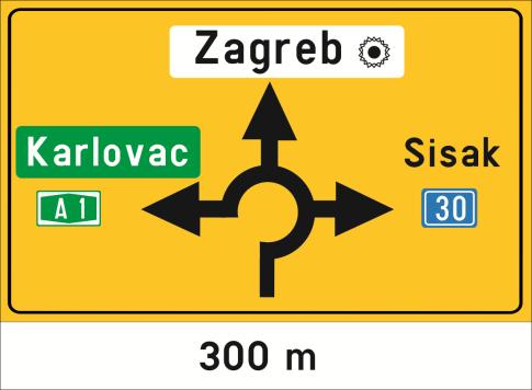 Poloţaj oznake broja ceste i vrste ceste iznad strelice za ravno moţe biti lijevo ili ispod naziva mjesta, ovisno o broju cesta i broju naziva