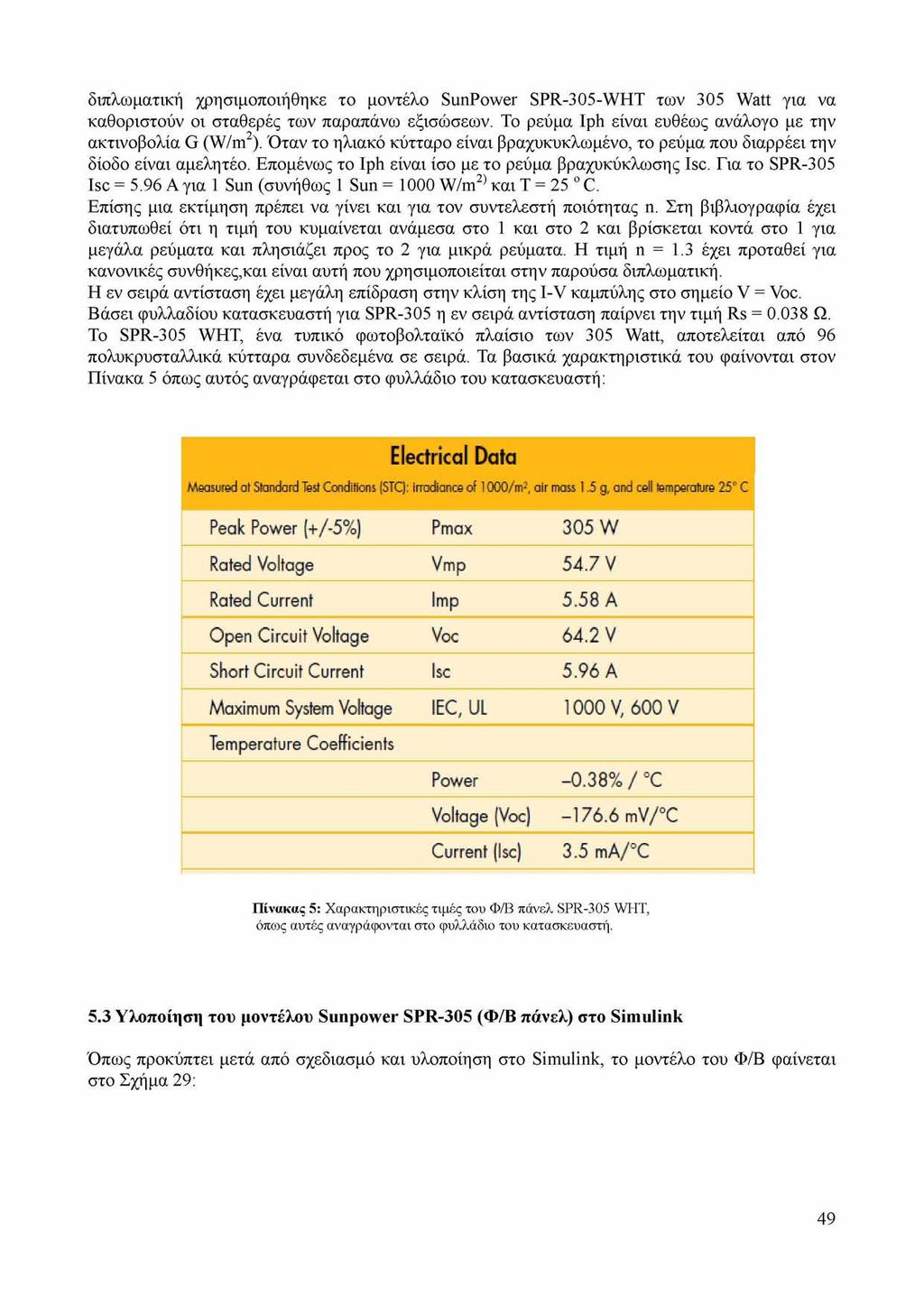 διπλωματική χρησιμοποιήθηκε το μοντέλο SunPower SPR-305-WHT των 305 Watt για να καθοριστούν οι σταθερές των παραπάνω εξισώσεων. Το ρεύμα Iph είναι ευθέως ανάλογο με την ακτινοβολία G (W/m2).