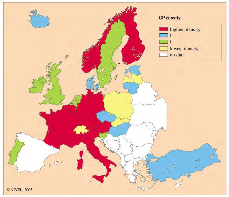 Η πυκνότητα των γενικών ιατρών σε όλη την Ευρώπη φαίνεται στο Σχήμα 2, ενώ ο ρόλος του γενικού ιατρού ως ιατρός πρώτης επαφής απεικονίζεται στο Σχήμα 3.