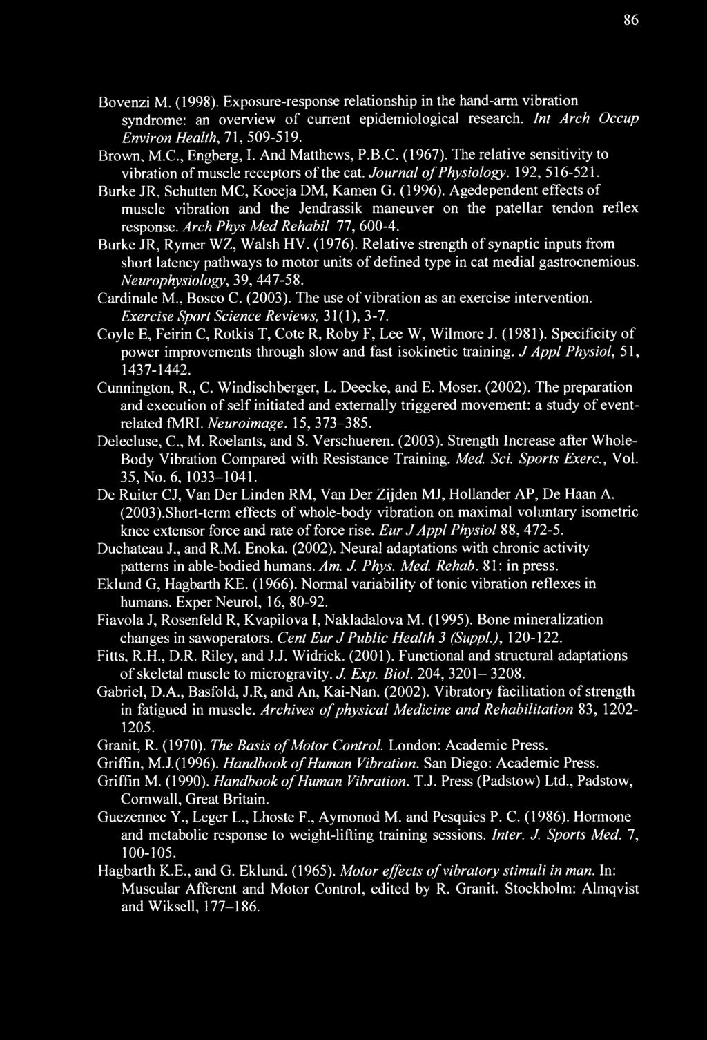 Agedependent effects of muscle vibration and the Jendrassik maneuver on the patellar tendon reflex response. Arch Phys Med Rehabil 77, 600-4. Burke JR, Rymer WZ, Walsh HV. (1976).