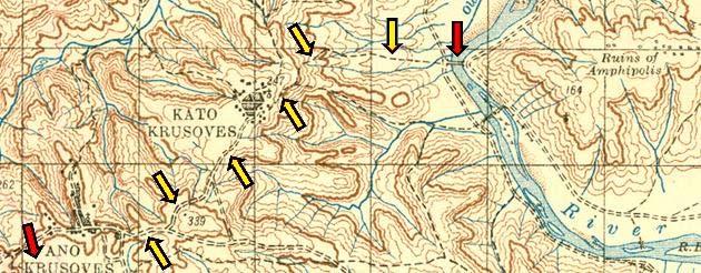 δ. Χάρτης του 1918 κλίμακας 1:50,000 Εικόνα 6. α. Το πλαίσιο των αποσπασμάτων των ιστορικών χαρτών με πράσινο χρώμα, και β.-δ.