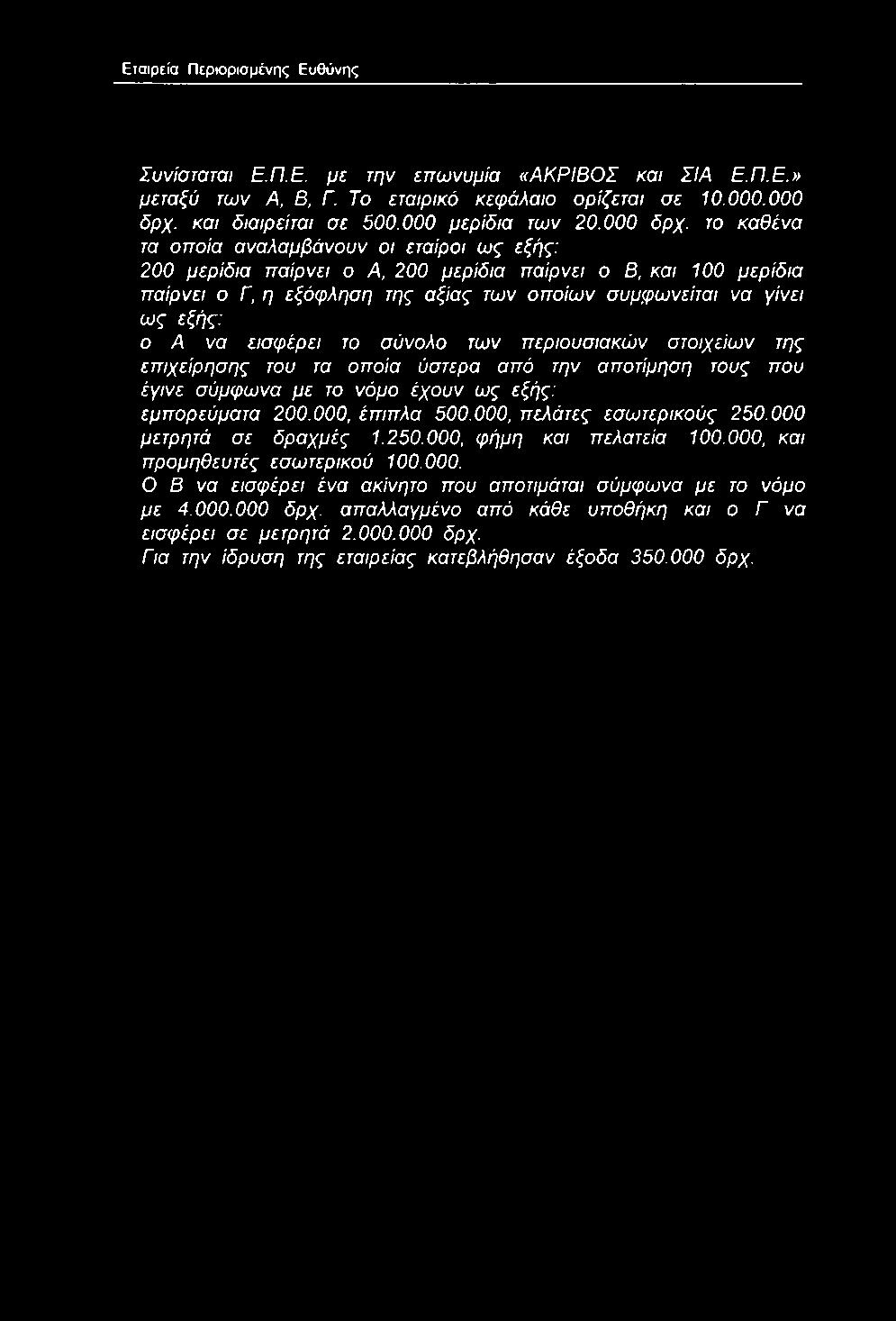 το καθένα τα οποία αναλαμβάνουν οι εταίροι ως εξής: 200 μερίδια παίρνει ο Α, 200 μερίδια παίρνει ο Β, και 100 μερίδια παίρνει ο Γ, η εξόφληση της αξίας των οποίων συμφωνείται να γίνει ως εξής: ο Α να