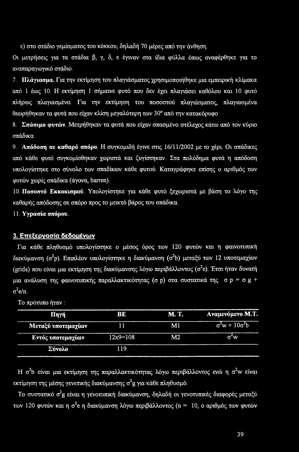 ε) στ στάδι γεμίσματς τυ κόκκυ, δηλαδή 70 μέρες από την άνθηση. Οι μετρήσεις για τα στάδια β, γ, δ, ε έγιναν στα ίδια φύλλα όπως αναφέρθηκε για τ αναπαραγωγικό στάδι. 7. Πλάγιασμα.