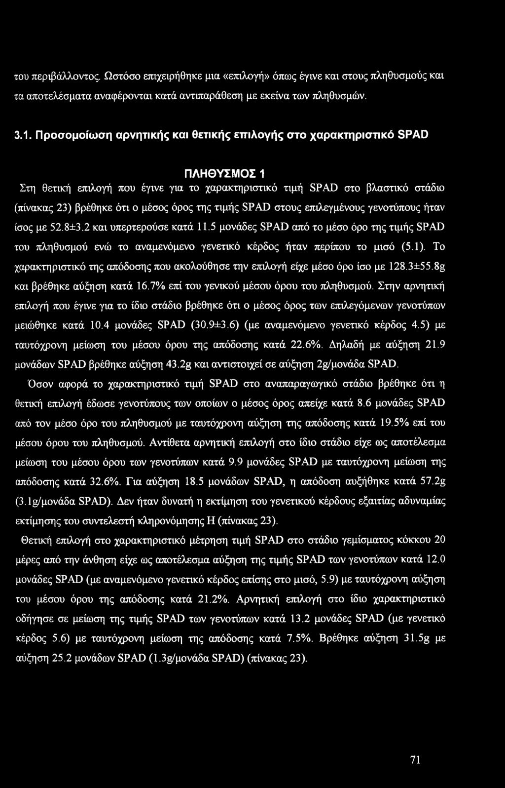 στυς επιλεγμένυς γεντύπυς ήταν ίσς με 52.8±3.2 και υπερτερύσε κατά 11.5 μνάδες SPAD από τ μέσ όρ της τιμής SPAD τυ πληθυσμύ ενώ τ αναμενόμεν γενετικό κέρδς ήταν περίπυ τ μισό (5.1).