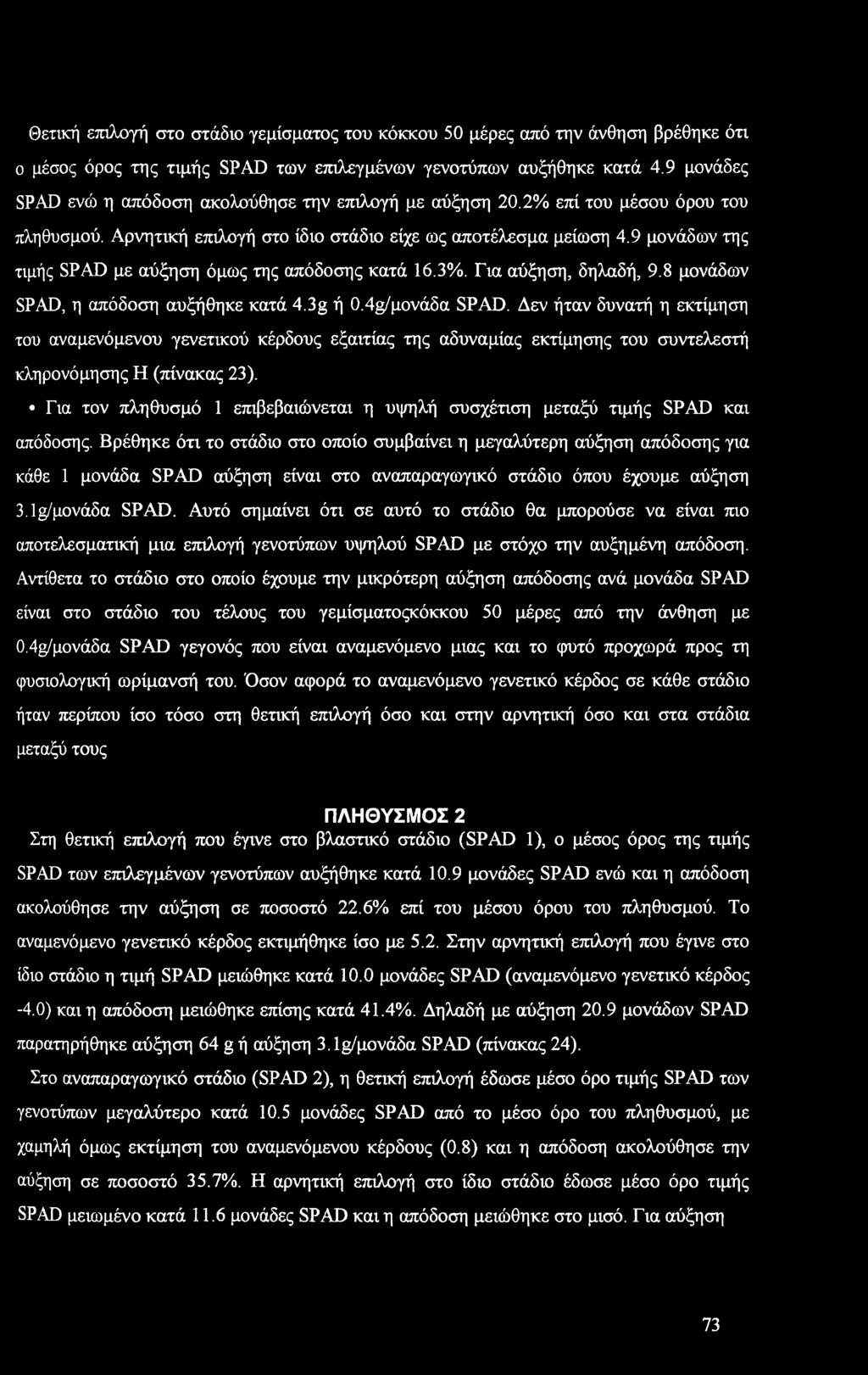 9 μνάδων της τιμής SPAD με αύξηση όμως της απόδσης κατά 16.3%. Για αύξηση, δηλαδή, 9.8 μνάδων SPAD, η απόδση αυξήθηκε κατά 4.3g ή 0.4μ/μνάδα SPAD.