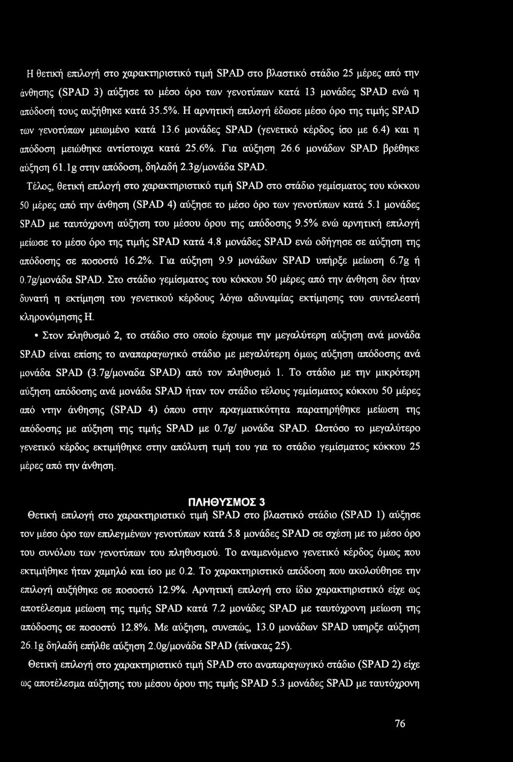 6 μνάδων SPAD βρέθηκε αύξηση 61. lg στην απόδση, δηλαδή 2.3β/μνάδα SPAD.