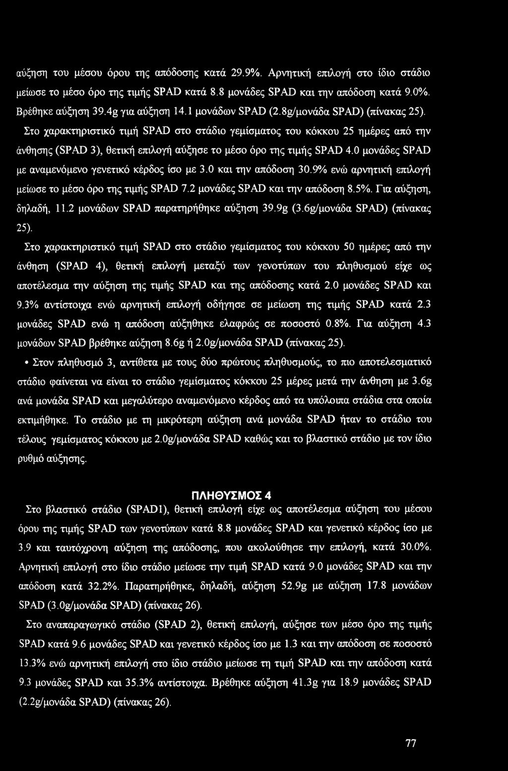 0 μνάδες SPAD με αναμενόμεν γενετικό κέρδς ίσ με 3.0 και την απόδση 30.9% ενώ αρνητική επιλγή μείωσε τ μέσ όρ της τιμής SPAD 7.2 μνάδες SPAD και την απόδση 8.5%. Για αύξηση, δηλαδή, 11.