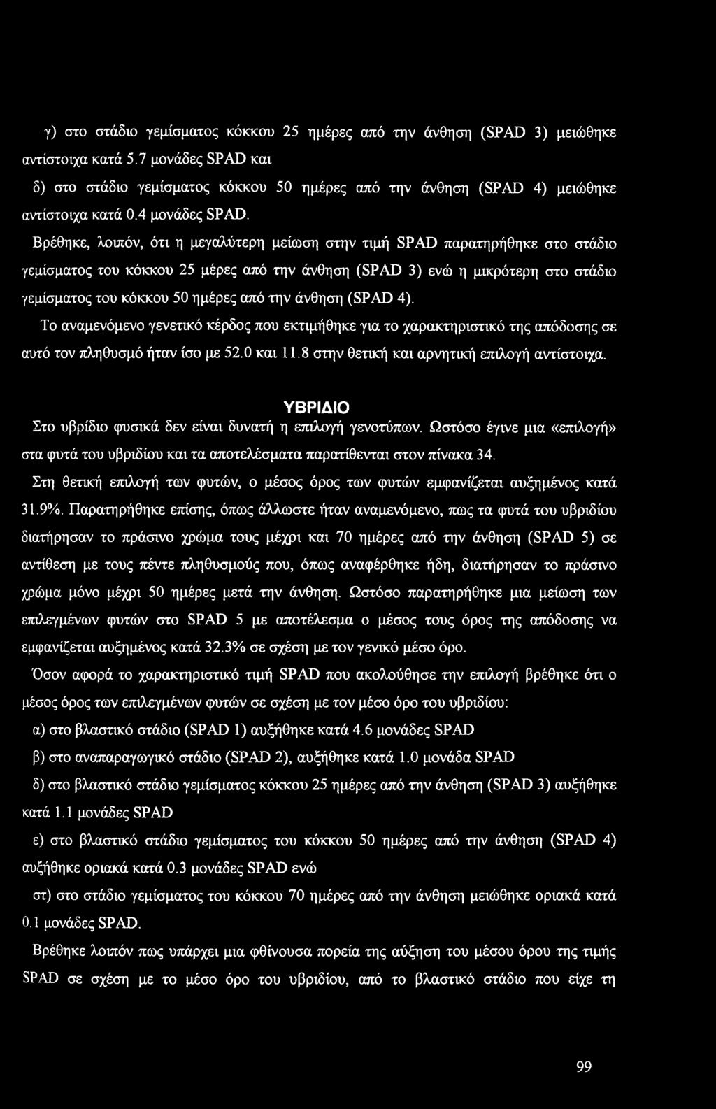 γ) στ στάδι γεμίσματς κόκκυ 25 ημέρες από την άνθηση (SPAD 3) μειώθηκε αντίστιχα κατά 5.7 μνάδες SPAD και δ) στ στάδι γεμίσματς κόκκυ 50 ημέρες από την άνθηση (SPAD 4) μειώθηκε αντίστιχα κατά 0.