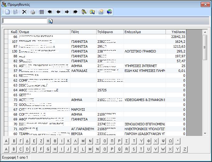 Το παρακάτω toolbar μας δίνει κάποιες πρόσθετες δυνατότητες στην καρτέλα των πελατών, των προμηθευτών και της αποθήκης 1. Νέα Εγγραφή 2. Αποθήκευση 3. Διαγραφή 4.