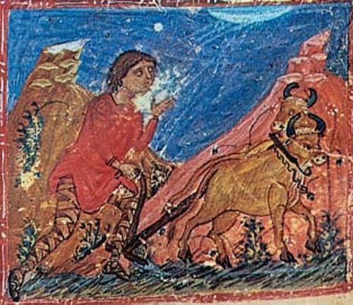 Ακρίτας οργώνει το στρατιωτόπι του (Εικόνα από βυζαντινή μικρογραφία Η κοινωνία των Αραβοβυζαντινών ήταν αγροτική και συγχρόνως πολεμική.