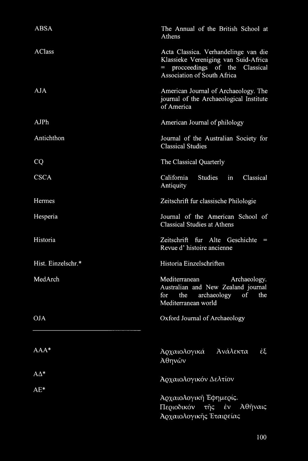 The journal of the Archaeological Institute of America American Journal of philology Journal of the Australian Society for Classical Studies The Classical Quarterly California Studies in Classical