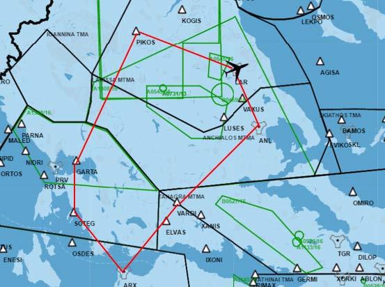 Εικόνα 40. Παράδειγμα IFR διαδρομής πτήσης που επηρεάζεται από δεσμευμένες περιοχές.