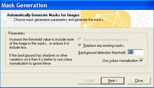 Βήμα 1 Για τον αυτόματο εντοπισμό φόντου όλων των εικόνων, επιλέγεται η εντολή Mask all images... όπου με το παράθυρο εντοπισμού φόντου Mask Wizard θα ξεκινήσει η διαδικασία.