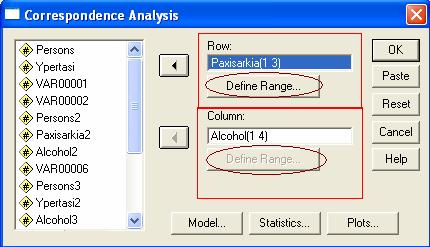 Το επόµενο βήµα θα είναι να τρέξουµε Analyze> Data Reduction> Correspondence Αρχικά πρέπει να προσδιορίσουµε τις µεταβλητές που ορίζουν τις γραµµές και τις στήλες του πίνακα που