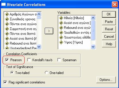 Analyze> Correlate> Bivariate Βάζουµε τις επεξηγηµατικές που έχουµε χρησιµοποιήσει στο πολλαπλό γραµµικό µοντέλο που έχουµε δηµιουργήσει και έχουµε εντοπίσει πιθανή ύπαρξη