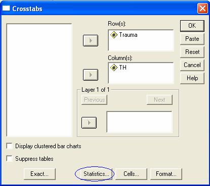Analyze>Descriptive Statistics>Crosstabs Και τοποθετούµε τις µεταβλητές όπως παρακάτω µετά πηγαίνουµε και επιλέγουµε το µενού Statistics