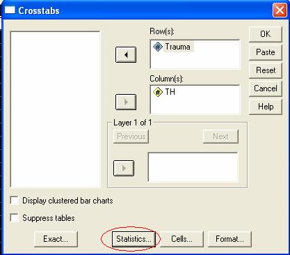 Με χρήση SPSS: Θα χρησιµοποιήσουµε πάλι το σετ δεδοµένων µε δύο µεταβλητές (ΤΗ: αν ένα νοσοκοµείο είναι πανεπιστηµιακό 0/1:ΟΧΙ/ΝΑΙ, Trauma: αν έχει το νοσοκοµείο µονάδα αποκατάστασης τραυµάτων