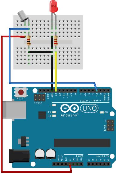 2.2.2 Υλικά Arduino Board Tilt Sensor (x1) LED (x1) Αντίσταση 220Ω (x1) Αντίσταση 1kΩ (x1) 2.2.3 Κύκλωμα Θεωρητικό κύκλωμα Πρακτικό κύκλωμα Αρχικά τοποθετούμε το LED στη Breadboard, όπως έχουμε δει και σε προηγούμενες εφαρμογές.