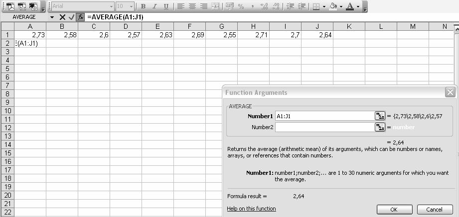 În căsuţa A scrie acum AVERAGE(A:J) iar în caseta umber apare plaja de căsuţe selectate : A:J. Deja fereastra Function Arguments vă indică valoarea medie în dreptul tetului Formula result.