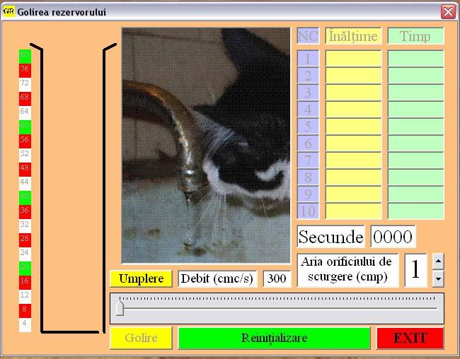 MATERIALE ŞI APARATE Programul GOLREZ Tehnică de calcul necesară prelucrării rezultatelor 4 5 EXPLICAŢII : () control de incrementare-decrementare a suprafeţei orificiului de scurgere, ()