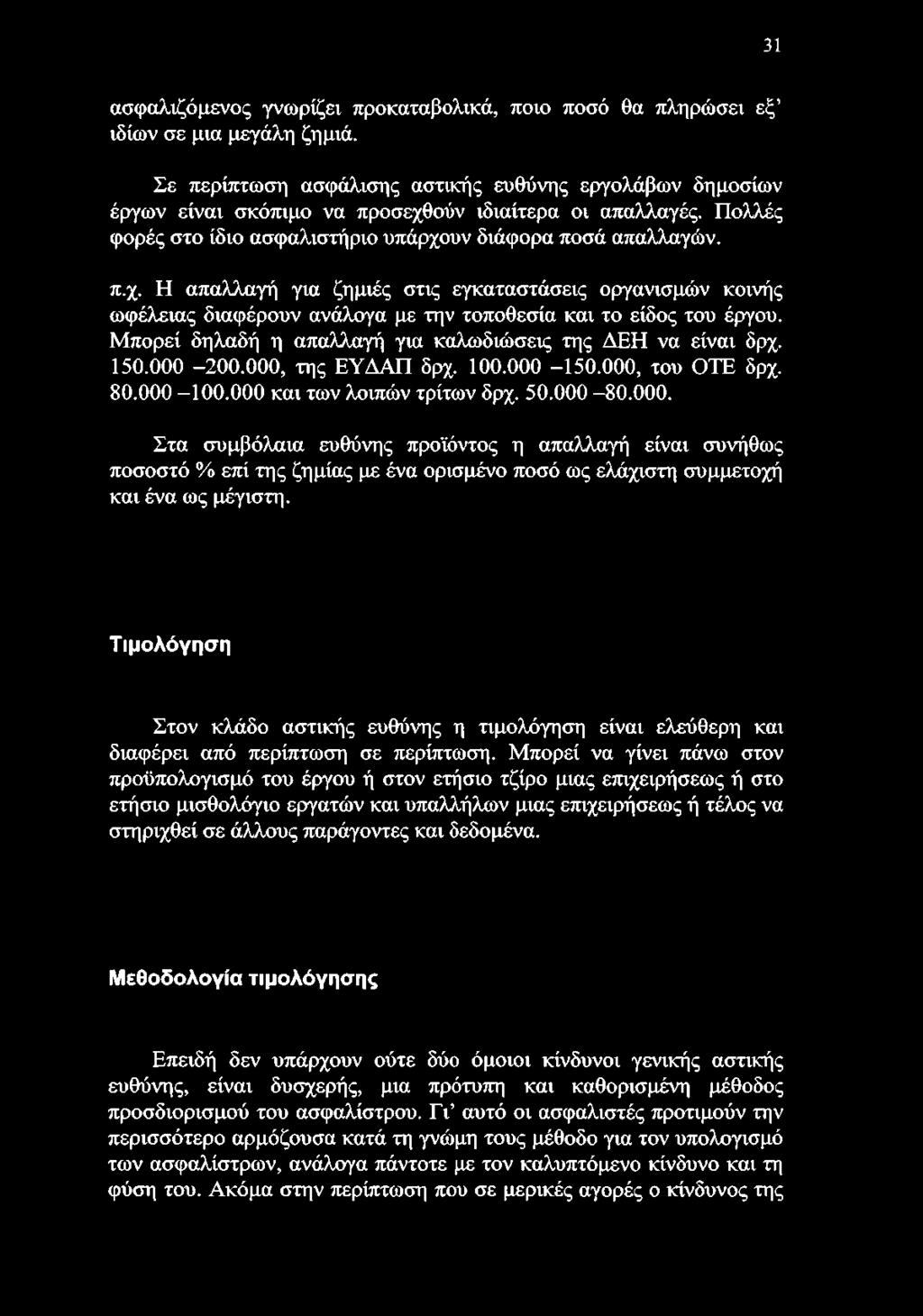 ούν ιδιαίτερα οι απαλλαγές. Πολλές φορές στο ίδιο ασφαλιστήριο υπάρχουν διάφορα ποσά απαλλαγών. π.χ. Η απαλλαγή για ζημιές στις εγκαταστάσεις οργανισμών κοινής ωφέλειας διαφέρουν ανάλογα με την τοποθεσία και το είδος του έργου.