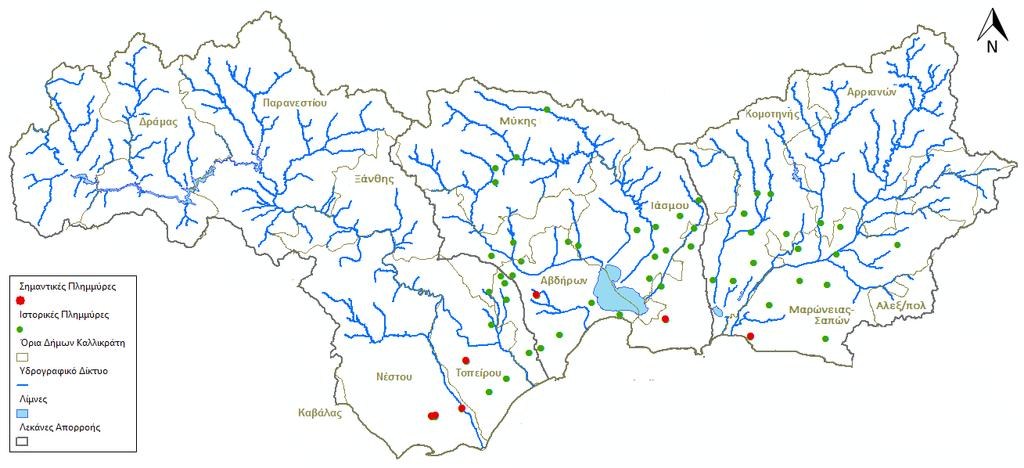 ΥΠΕΝ / ΕΓΥ του Yδατικού Διαμερίσματος Θράκης (GR12) Σχήμα 4.1: Ιστορικές και σημαντικές πλημμύρες στο ΥΔ Θράκης (εκτός ΛΑΠ Έβρου).
