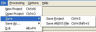 Επιλέγοντας File->Save αποθηκεύεται η µελέτη (ή το αρχείο που θα σταλεί στο ANSYS) µε το ήδη υπάρχον όνοµα της (του).