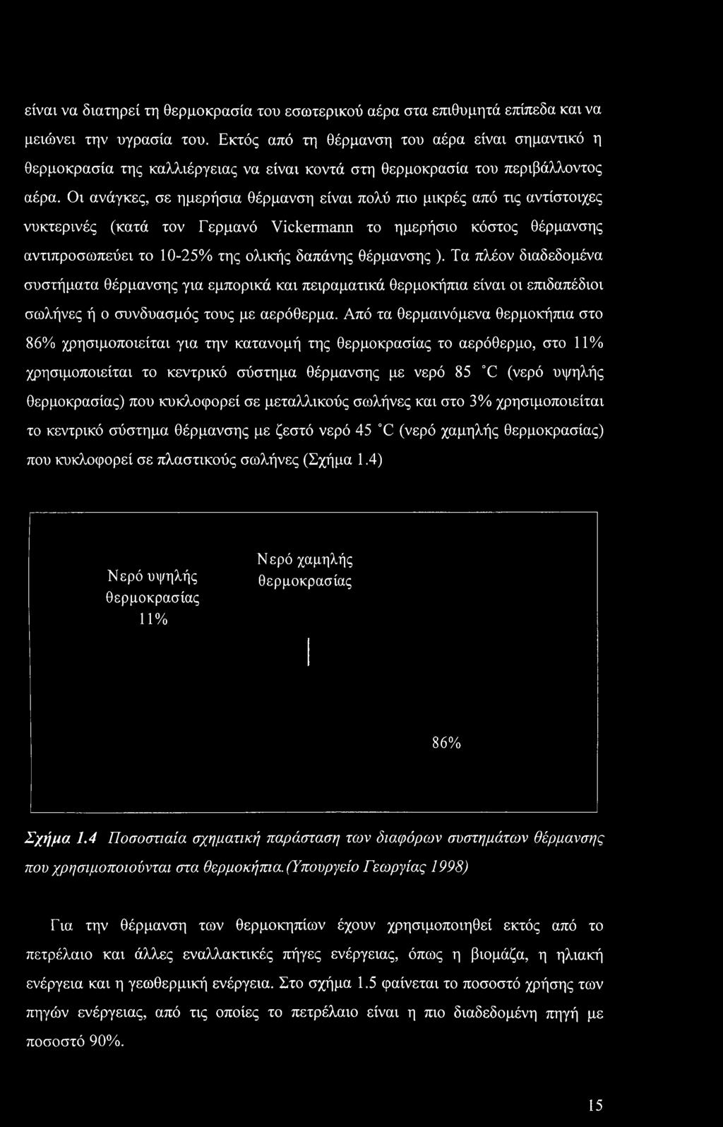 Από τα θερμαινόμενα θερμοκήπια στο 86% χρησιμοποιείται για την κατανομή της θερμοκρασίας το αερόθερμο, στο 11% χρησιμοποιείται το κεντρικό σύστημα θέρμανσης με νερό 85 C (νερό υψηλής θερμοκρασίας)