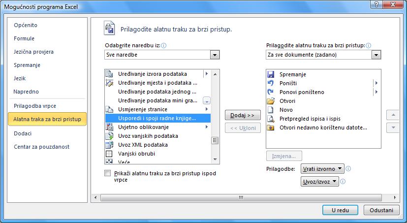 3. pritisnuti dugme U redu 4. u okviru upozorenja pritisnuti dugme U redu, čime će se radna knjiga spremiti kao dijeljena 5. u naslovnoj traci se uz naziv datoteke pojavljuje napomena Dijeljeno. 7.2.