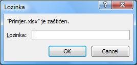 Kod otvaranja radne knjige kojoj je postavljena lozinka za otvaranje pojavljuje se okvir u koji treba unijeti lozinku.