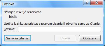 Kod otvaranja radne knjige kojoj je postavljena lozinka za izmjenu pojavljuje se okvir za unos lozinke.