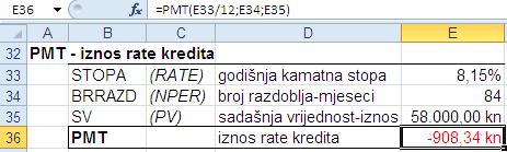 PMT (Payment made each period) Funkcija PMT računa vrijednost uplata za zajam, koji se temelji na konstantnim uplatama i konstantnoj kamatnoj stopi.