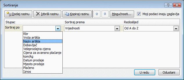 3. u dijaloškom okviru Sortiranje, u okviru Sortiraj po odabrati naziv stupca po čijem će se sadržaju podaci prvo razvrstati 4.