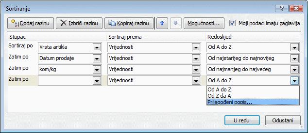 u okviru Redoslijed odabrati redoslijed razvrstavanja: Od A do Z (uzlazno) ili Od Z do A (silazno) za tekstne podatke Od najmanjeg do