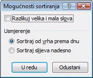 Dugme Mogućnosti otvara dijaloški okvir Mogućnosti sortiranja u kojem se određuje hoće li razvrstavanje razlikovati velika i mala slova i hoće li se razvrstavanje vršiti po stupcima ili redcima.