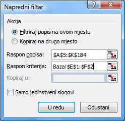 ako se izdvojeni podaci žele kopirati na drugo mjesto, uključiti mogućnost Kopiraj na drugo mjesto i u okviru naredbe Kopiraj u upisati adresu početne ćelije ili je odabrati 5.