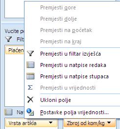 Polja se uklanjaju naredbom Ukloni polje s tog izbornika ili povlačenjem polja izvan popisa polja zaokretne tablice. 4.7.2.