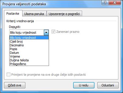 5. Vrednovanje podataka i nadzor formula Pomoću vrednovanja podataka ili provjere valjanosti podataka upravlja se vrstama podataka i vrijednostima koje se unose u ćeliju.