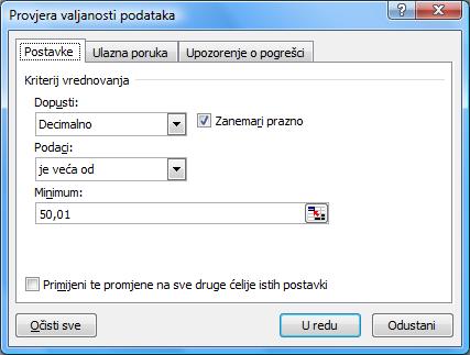 5. unijeti minimalnu, maksimalnu ili neku određenu vrijednost koja je dopuštena za unos. 5.1.2.