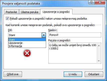 što se u ćeliju upiše neispravan podatak.