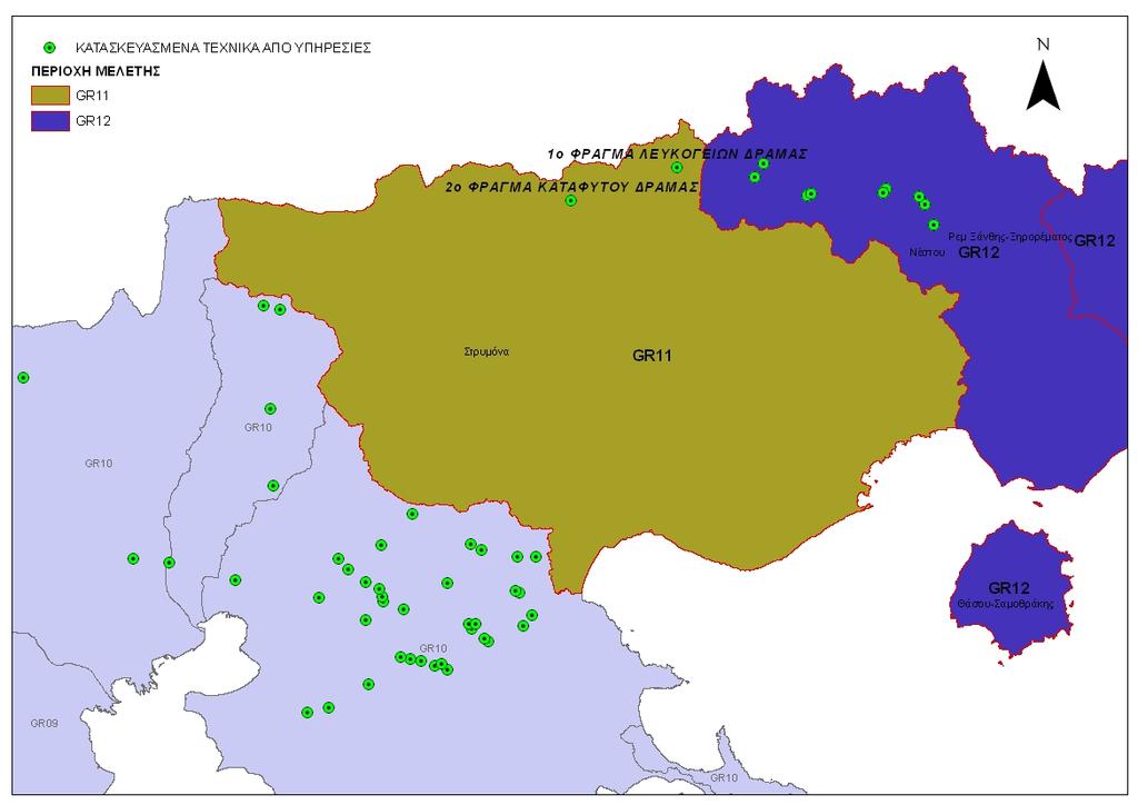ΥΠΕΝ / ΕΓΥ του Yδατικού Διαμερίσματος Ανατολικής Μακεδονίας (GR11) Σχήμα 6.1: Θέσεις κατασκευασμένων τεχνικών σύμφωνα με τις απαντήσεις των Υπηρεσιών στο ΥΔ Ανατολικής Μακεδονίας 6.1.3 Ψηφιοποίηση τεχνικών από τους Ορθοφωτοχάρτες της Ε.
