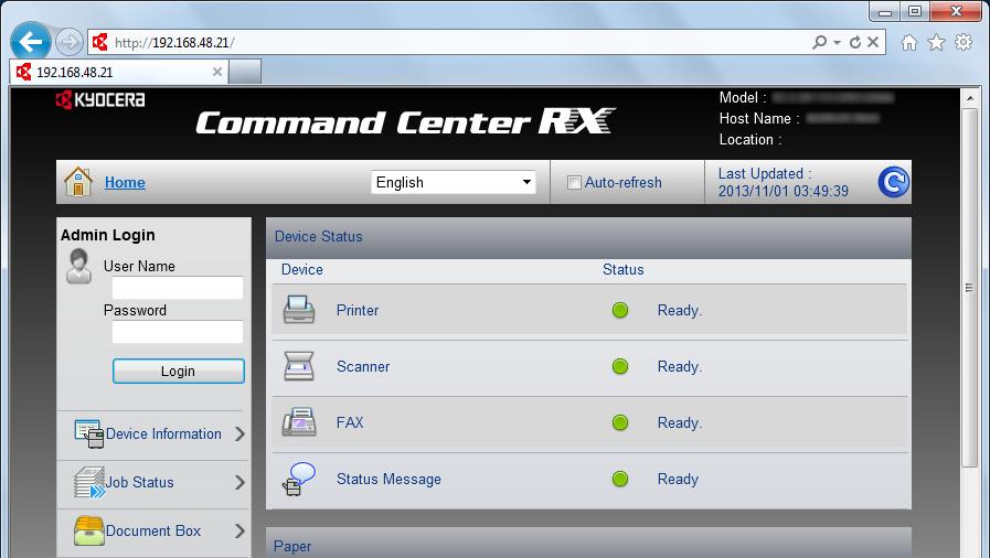 Εγκατάσταση και ρυθμίσεις του μηχανήματος > Command Center RX Πρόσβαση στο Command Center RX 1 Εμφανίστε την οθόνη. 1 Εκκινήστε το πρόγραμμα περιήγησης ίντερνετ (browser) σας.