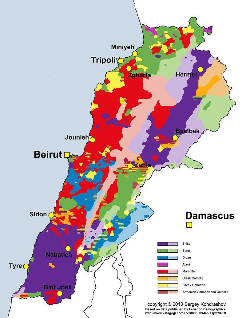 Θρησκευτική σύνθεση του Λιβάνου 1/2 Πηγή: Distribution of main religious groups of Lebanon according to last municipal election data.