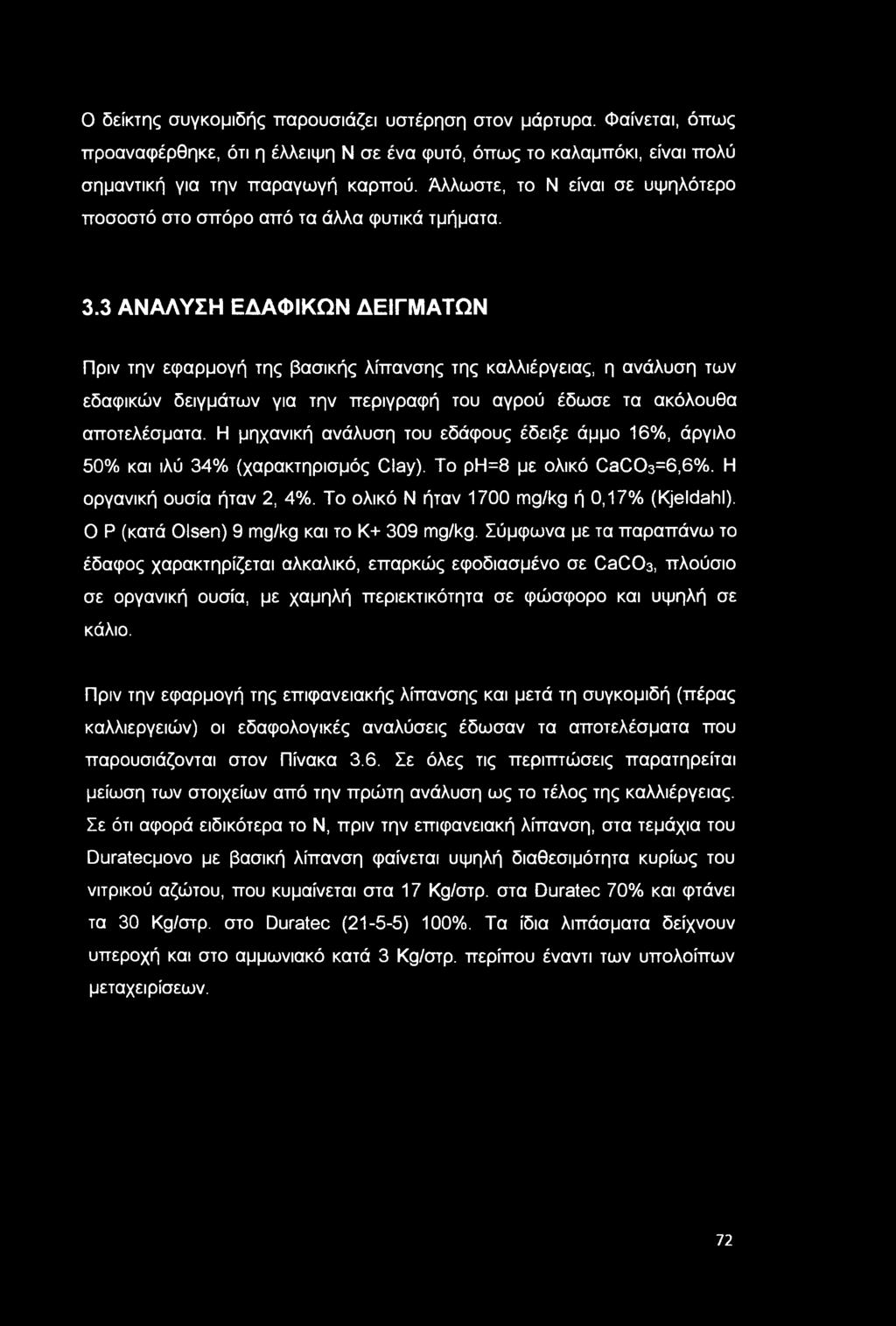 3 ΑΝΑΛΥΣΗ ΕΔΑΦΙΚΩΝ ΔΕΙΓΜΑΤΩΝ Πριν την εφαρμογή της βασικής λίπανσης της καλλιέργειας, η ανάλυση των εδαφικών δειγμάτων για την περιγραφή του αγρού έδωσε τα ακόλουθα αποτελέσματα.