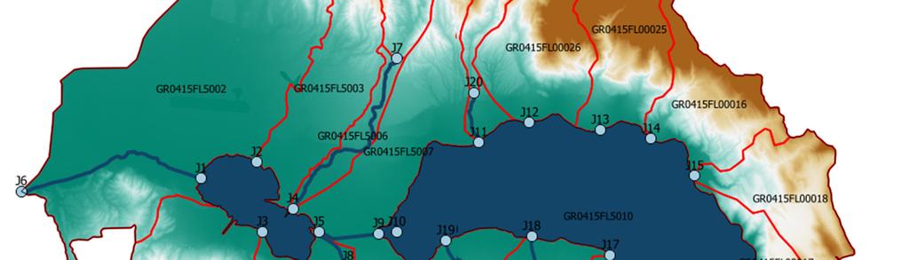 Εικόνα 10.2: Σχηματοποίηση υπολεκανών, κόμβων και κλάδων του υδρογραφικού δικτύου της ΛΑΠ Τριχωνίδας 10.