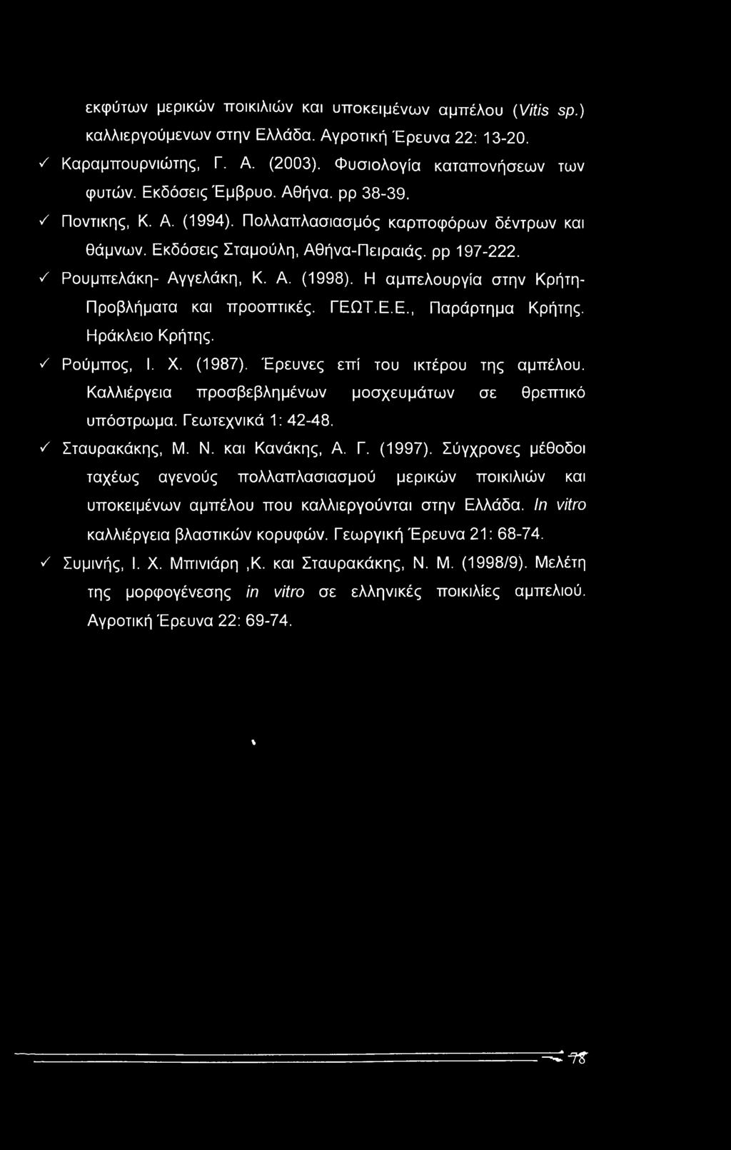 Η αμπελουργία στην Κρήτη- Προβλήματα και προοπτικές. ΓΕΩΤ.Ε.Ε., Παράρτημα Κρήτης. Ηράκλειο Κρήτης. ν' Ρούμπος, I. X. (1987). Έρευνες επί του ικτέρου της αμπέλου.