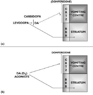 Αντιμετώπιση της εμετικής δράσης της L-DOPA (α) ή ενός D2 αγωνιστή (β) H DA προκαλεί εμετό δρώντας στο κέντρο εμετού που βρίσκεται εκτός ΑΕΦραγμού H CARBIDOPA, που δρά περιφερικά μόνο, aναστέλλει τον