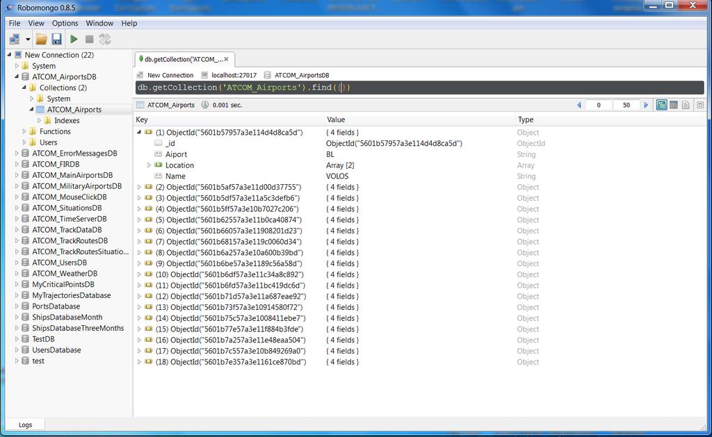 Για λόγους ευχρηστίας και απεικόνισης των αποθηκευμένων δεδομένων χρησιμοποιήθηκε το εργαλείο Robomongo