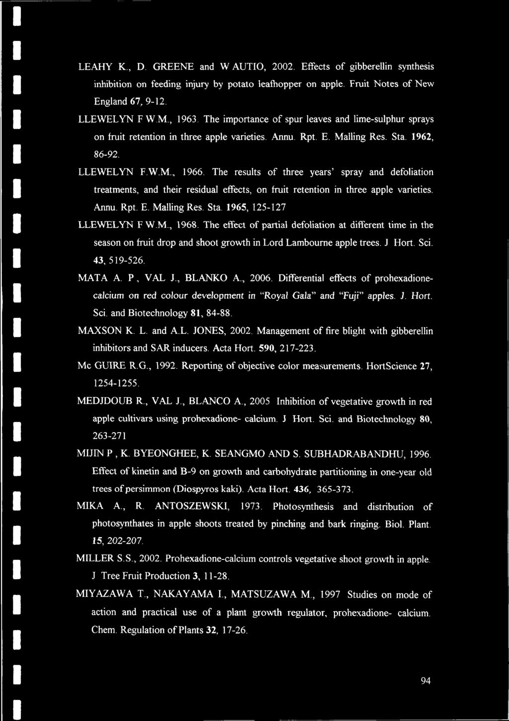 LEAHY K., D. GREENE and W AUTIO, 2002. Effects of gibberellin synthesis inhibition on feeding injury by potato leafhopper on apple. Fruit Notes of New England 67, 9-12. LLEWELYN F W.M, 1963.